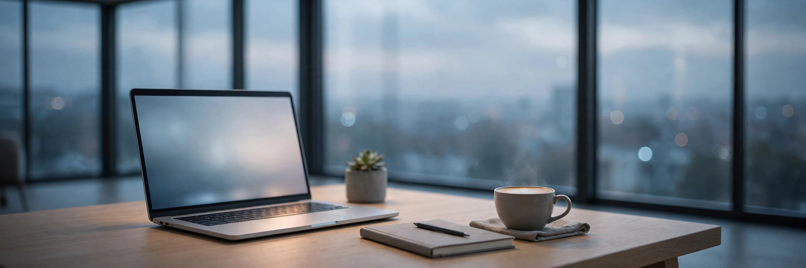 A calm, minimal workspace with a laptop at dawn